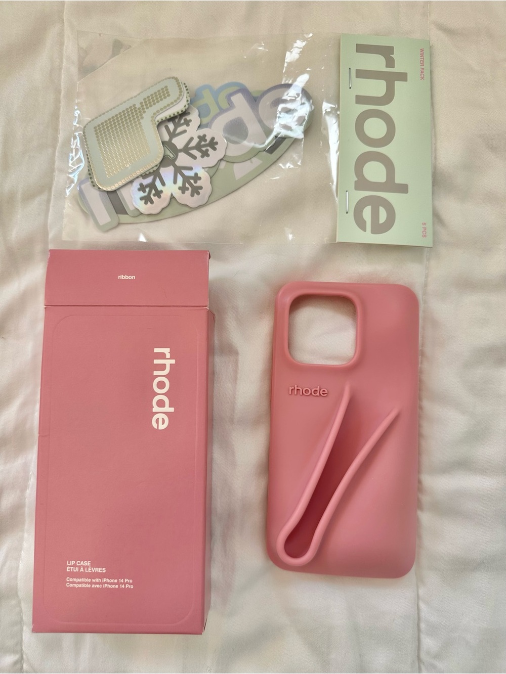 RHODE Pink Ribbon Lip Case phone cover iPhone 14 Pro + stickers limited sticker